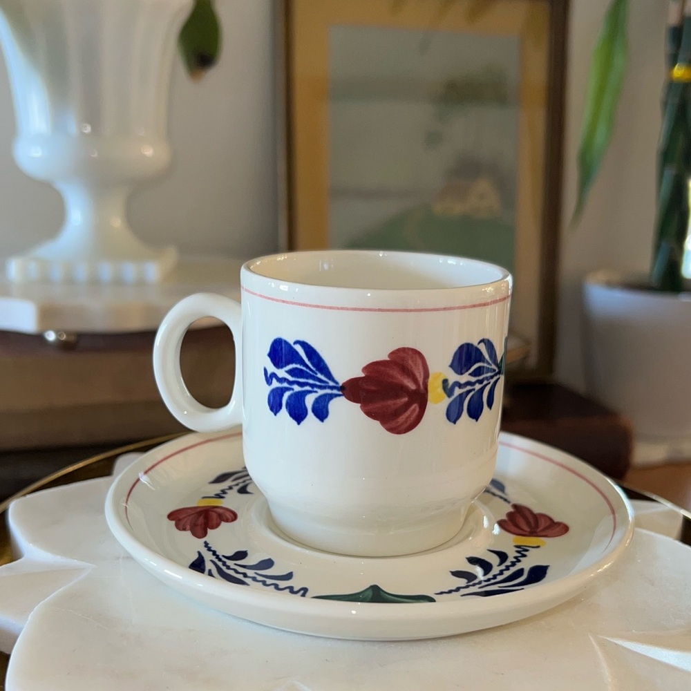 Vintage Royal Boch Boerenbont Gingham Hand Painted Cup + Saucer Made in Belgium